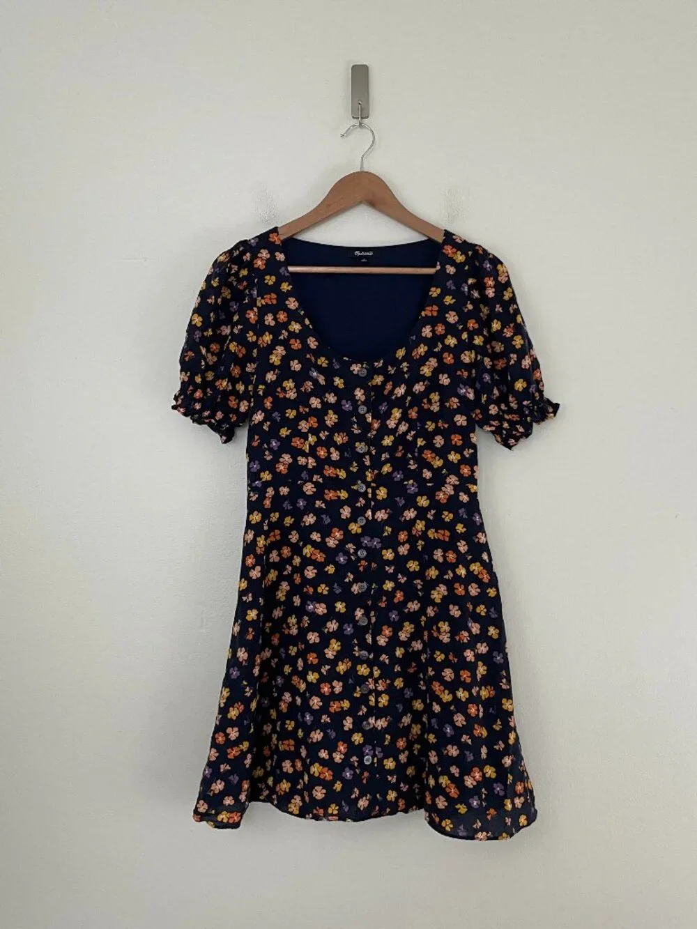 Madewell Smock-Sleeve Button-Front Mini Dress in Happy Hibiscus Size 2